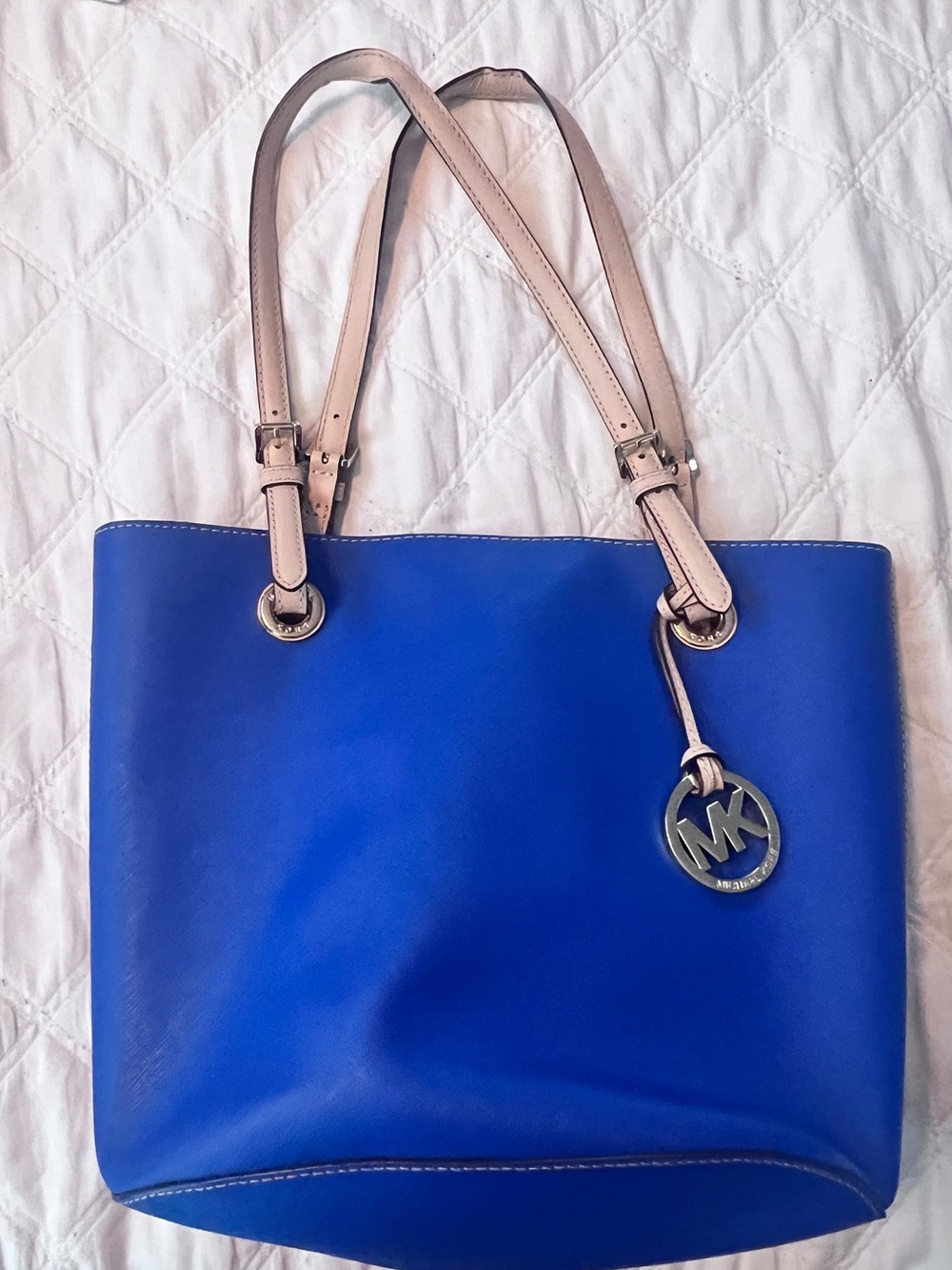 Michael Kors Cobalt Blue Leather Tote with Blush Straps